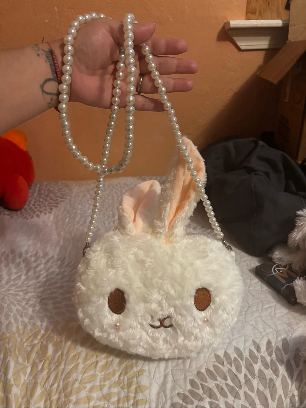 Plush Bunny Crossbody Purse - Cream with Pink Ears